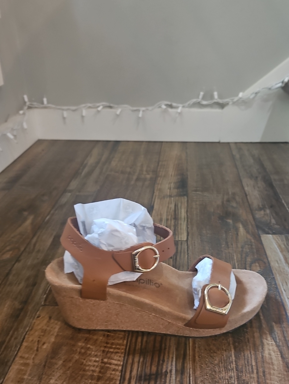 Birkenstock Papillio Brown Leather Cork Wedge Sandals with Gold Buckles - Picture 4 of 9